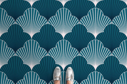 blue art deco scallop print vinyl flooring